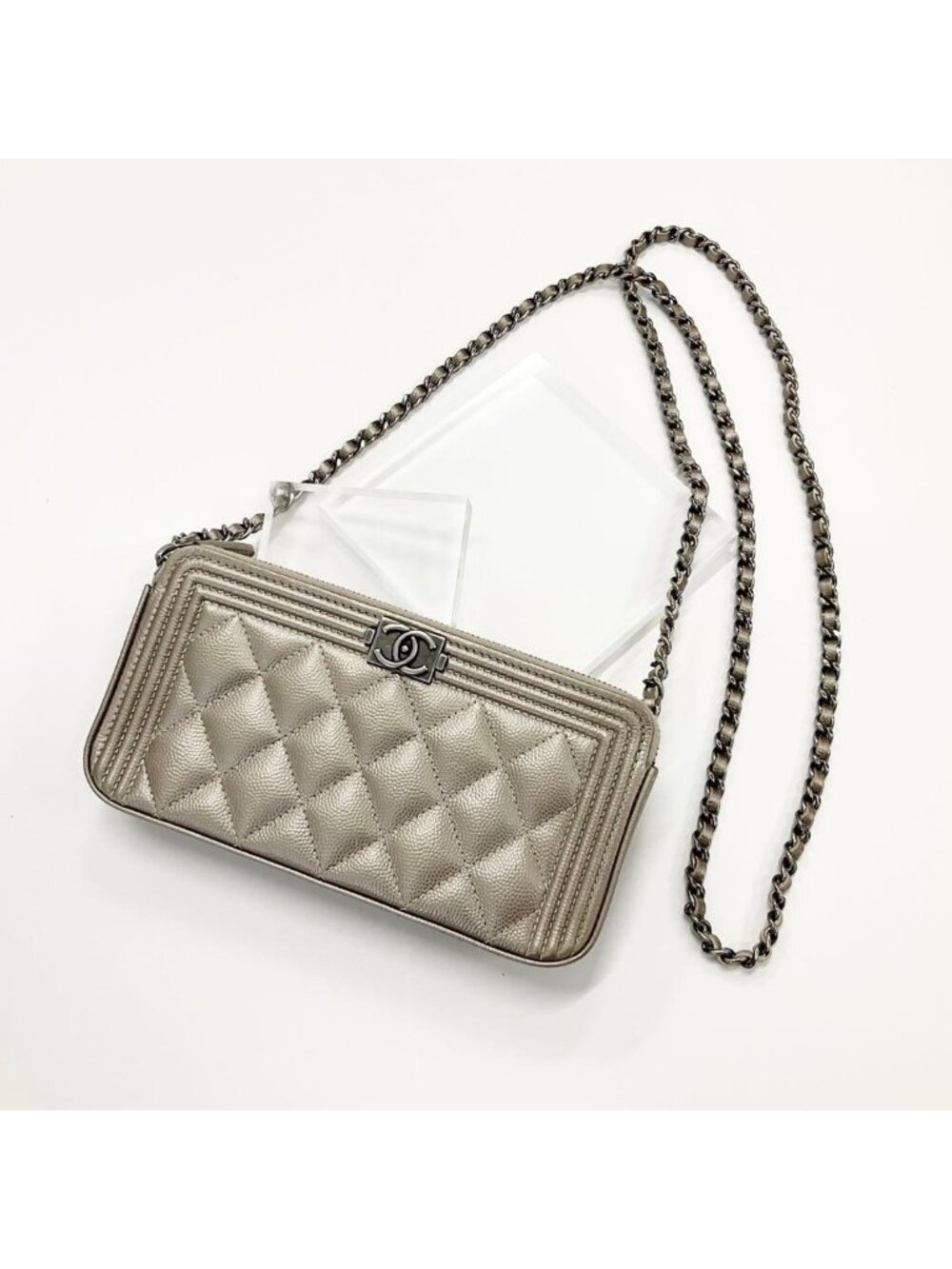 Chanel Caviar Leather CC Logo Boy Chain Wallet Shoulder Bag